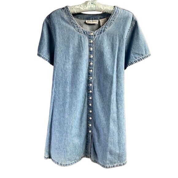 Oh! Mamma Tops - Oh! Mamma Maternity Button Up Toe Back Blue Jean Top Blouse, Small, Vintage